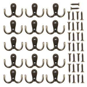INNKER 15PCS Double Prong Robe Hook Bronze Rustic Hooks with 30 Screws Double Hook Hanger for Coat Clothes Hat Cup Key