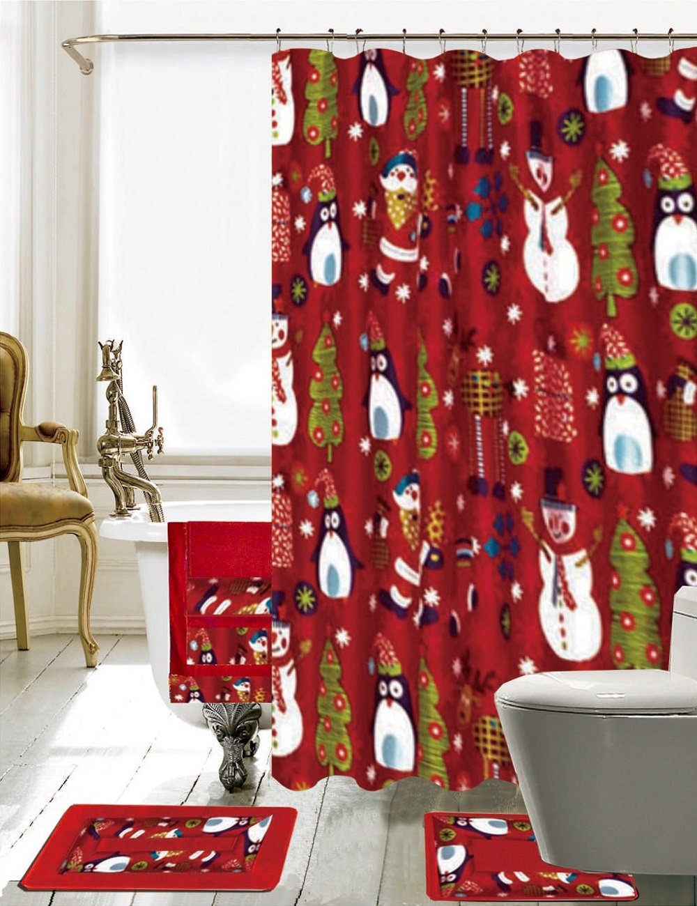 Season's Greetings 18 Piece Embroidery Bath Set 1 Bath Mat , 1 Contour Mat , 1 Shower Curtain , 12 Matching Roller Shower Hooks , 3 Piece Matching Towel Seat Small to Large (18 Piece,Merry Christmas)
