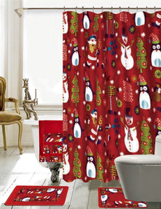Season's Greetings 18 Piece Embroidery Bath Set 1 Bath Mat , 1 Contour Mat , 1 Shower Curtain , 12 Matching Roller Shower Hooks , 3 Piece Matching Towel Seat Small to Large (18 Piece,Merry Christmas)