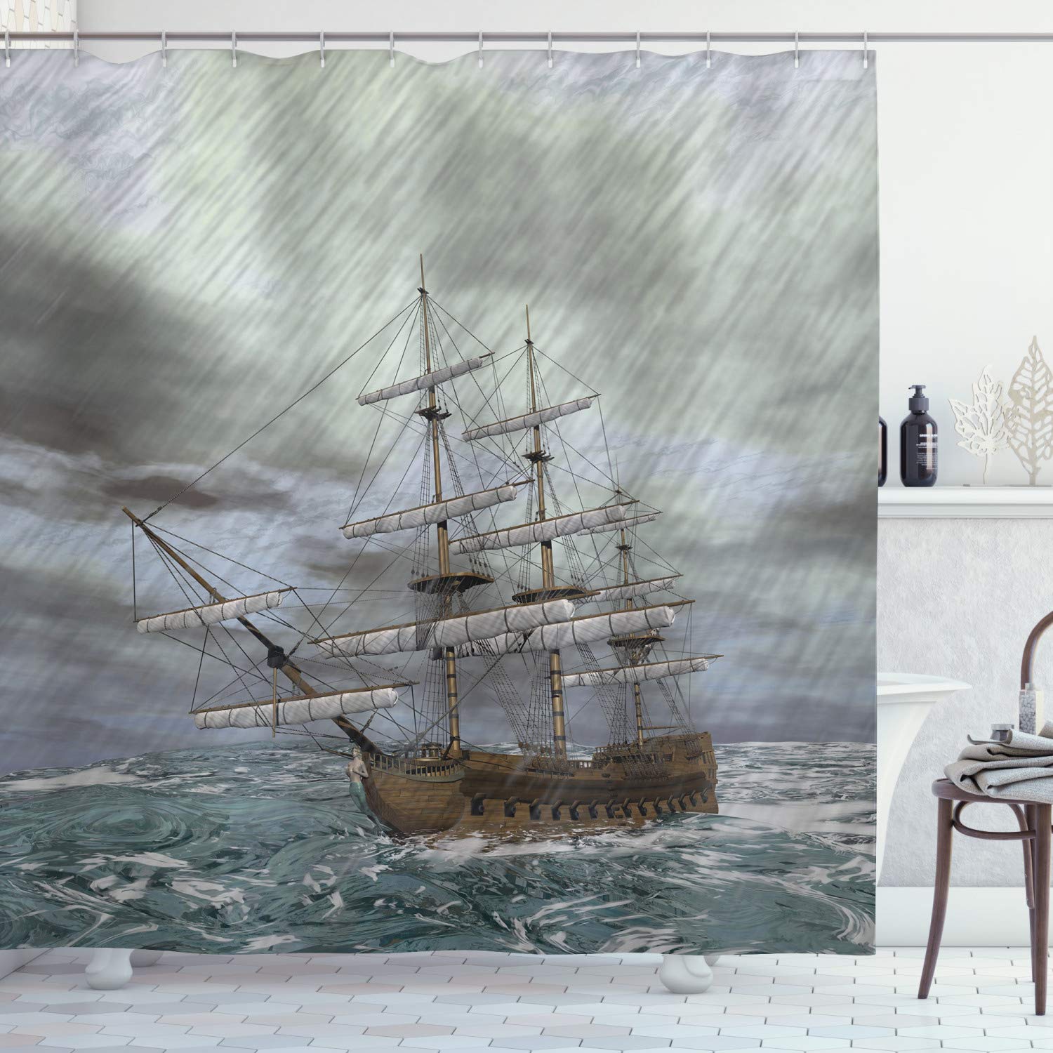 Ambesonne Nautical Shower Curtain, Old Ship on The Ocean in Wave Rainy Stormy Weather Fantasy Illustration, Cloth Fabric Bathroom Decor Set with Hooks, 70" Long, Grey Blue