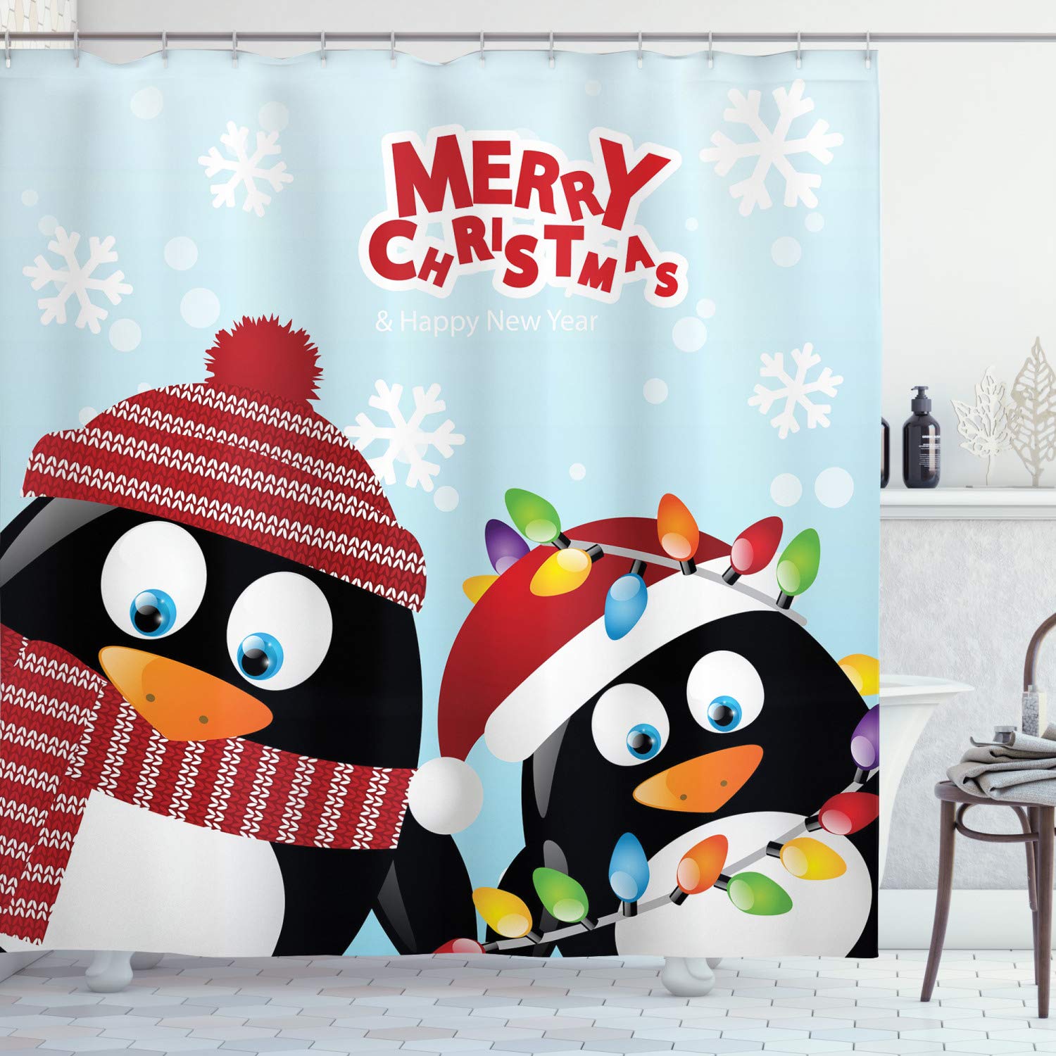 Ambesonne Christmas Decorations Collection, Cute Penguins Wishing Happy Christmas Snowflake Background Arctic Animals Print, Polyester Fabric Bathroom Shower Curtain Set with Hooks, Multi