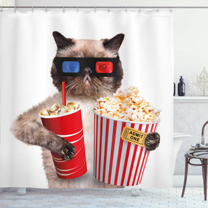 Ambesonne Movie Theater Decor Shower Curtain, Cat with Popcorn and Drink Watching Movie Glasses Entertainment Cinema, Fabric Bathroom Decor Set with Hooks, 75 inches Long, White Red