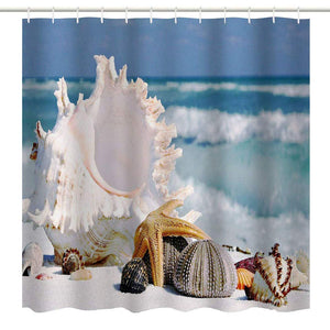BROSHAN Seashell Decor Shower Curtain,Beach Sea Shell Starfish Conch Tropical Seascape Bath Curtain Art Print,Polyester Waterproof Bathroom Accessories with Hooks,72x72 inch,Blue,Ivory