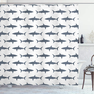 Ambesonne Sea Animals Decor Collection, Sharks Swimming Horizontal Silhouettes Traveler Powerful Danger Design Pattern, Polyester Fabric Bathroom Shower Curtain Set with Hooks, Gray and White