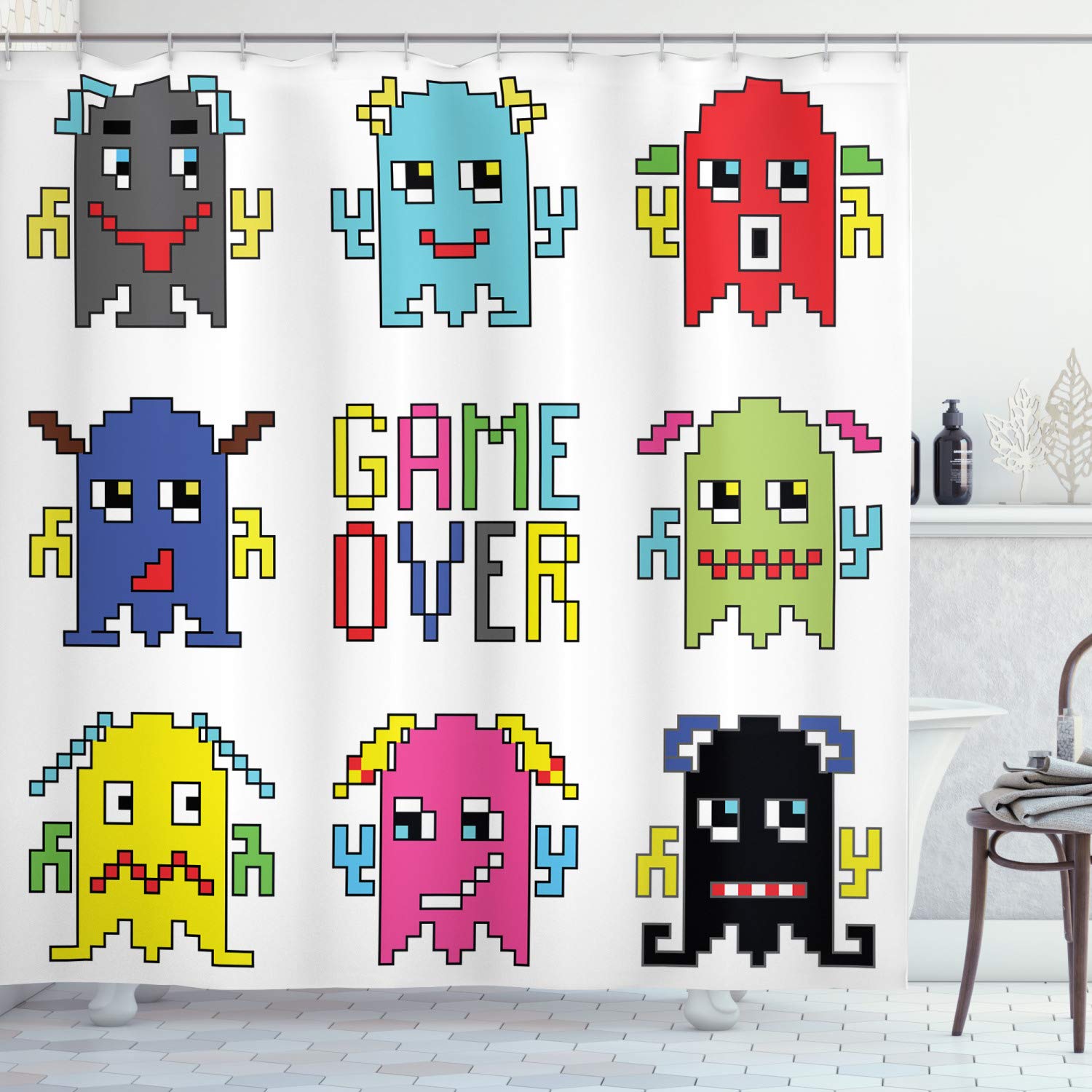 Ambesonne 90s Shower Curtain, Pixel Robot Emoticons with Game Over Sign Inspired by 90's Computer Games Fun Artprint, Cloth Fabric Bathroom Decor Set with Hooks, 84" Extra Long, Yellow Red