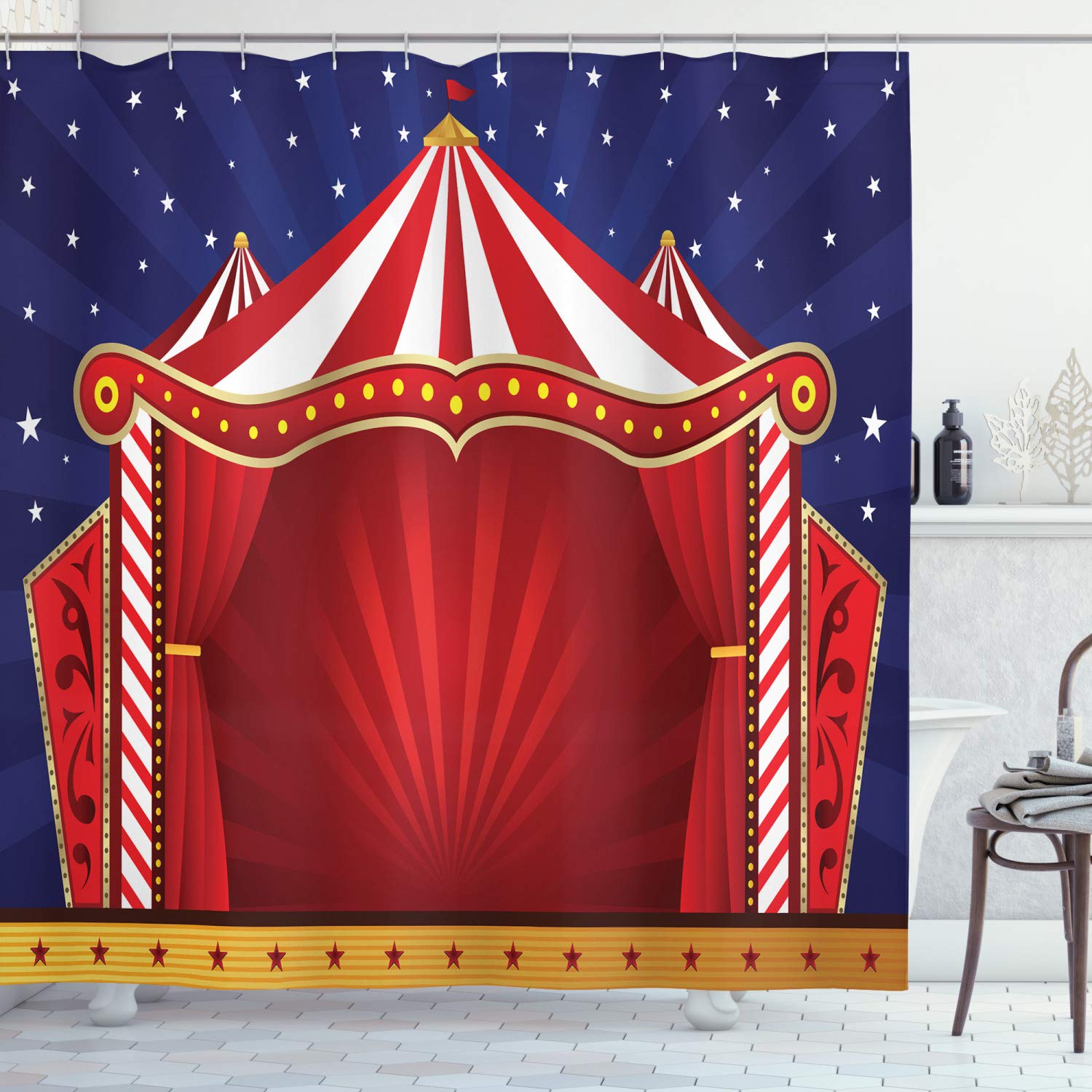 Ambesonne Circus Decor Collection, Canvas Tent Circus Stage Performing Theater Jokes Clown Cheerful Night Theme Print, Polyester Fabric Bathroom Shower Curtain Set with Hooks, Navy Blue Red
