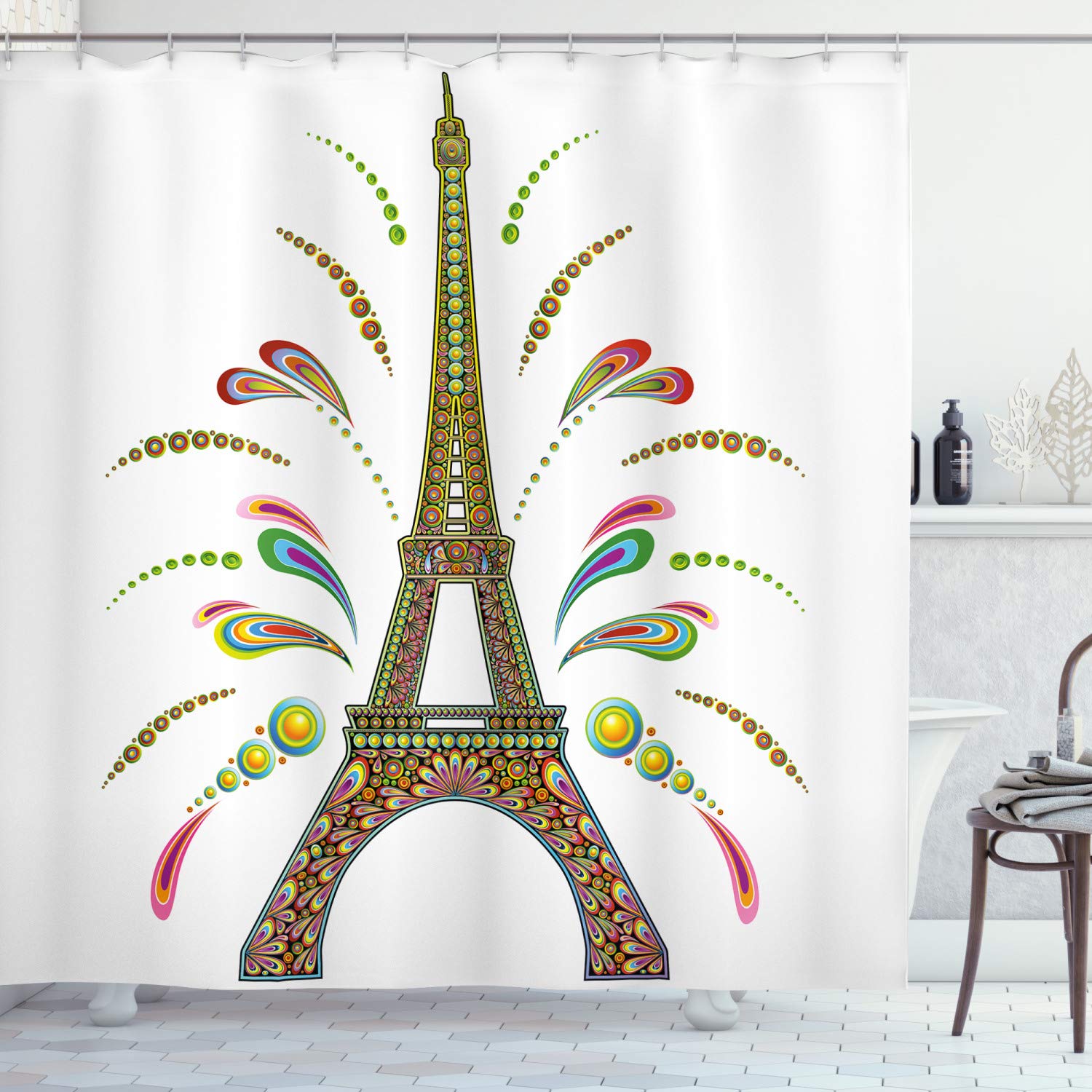 Ambesonne Psychedelic Shower Curtain, France Eiffel Tower Abstract Fireworks Design Rainbow Psychedelic Patterns Art, Cloth Fabric Bathroom Decor Set with Hooks, 70" Long, White Yellow