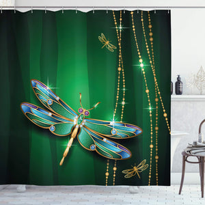 Ambesonne Dragonfly Shower Curtain, Vivid Figures in Gemstone Crystal Diamond Shapes Graphic Artsy Effects, Fabric Bathroom Decor Set with Hooks, 84 inches Extra Long, Hunter Green
