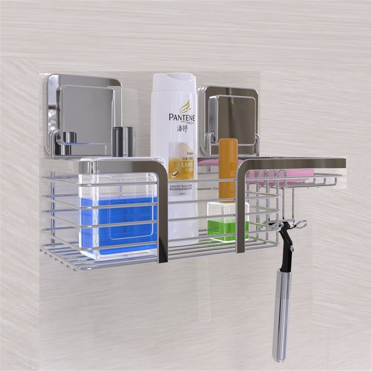 Shower Caddy Stainless Steel, Powerful Self Adhesive Shower Organizer Corner Basket Shelves with Soap Dishes Hooks for Kitchen Bathroom, No Drilling No Holes Bath Shampoo Holder(Shower Caddy)