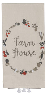 Primitives by Kathy Farm House Kitchen Towel - Embroidered Wreath of Garden Vegetables - 20" x 26" Premium Cotton/Linen Dishtowel with Tassel Accents - 2018 Farmhouse Collection