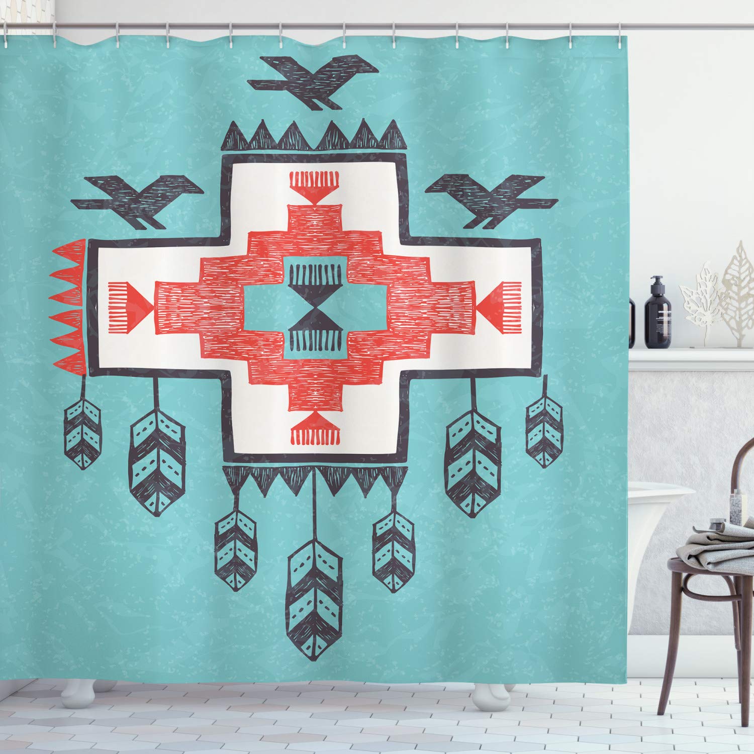 Ambesonne Tribal Shower Curtain, Hand Drawn Dreamcathcher Folkloric Birds Image, Cloth Fabric Bathroom Decor Set with Hooks, 84" Extra Long, Teal Coral