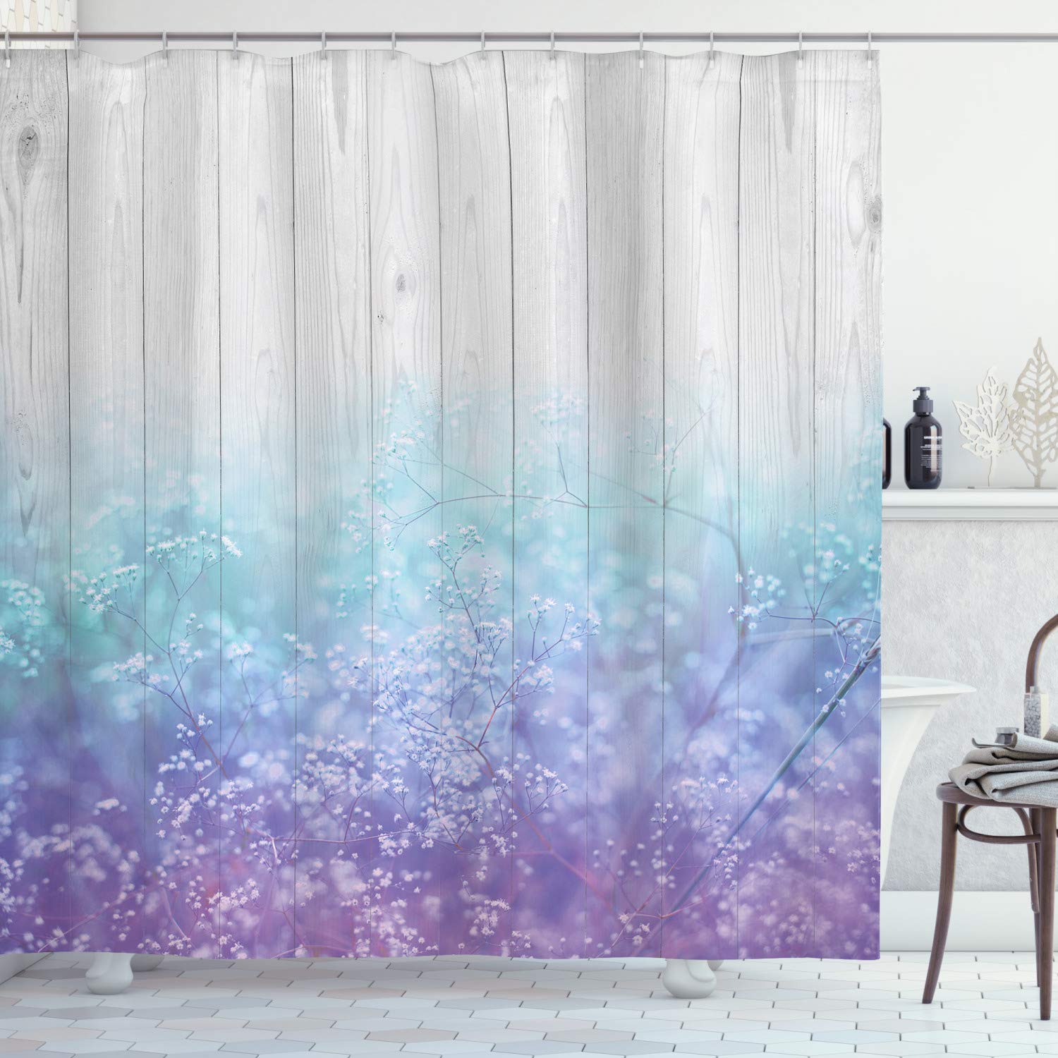Ambesonne Garden Shower Curtain, Dreamy Abstract Garden Perennial Petals Branches in Pastel Colors Artwork Print, Cloth Fabric Bathroom Decor Set with Hooks, 75" Long, Lavender Blue