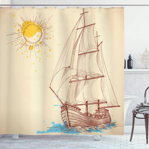 Ambesonne Nautical Shower Curtain, Nautical Pattern of Sailing Boat in Windy Sea with Splashed Sun Cruising Galleon, Cloth Fabric Bathroom Decor Set with Hooks, 75" Long, Cream Redwood