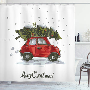 Ambesonne Christmas Shower Curtain, Red Retro Style Car Xmas Tree Vintage Family Style Illustration Snowy Winter Art, Fabric Bathroom Decor Set with Hooks, 70 Inches, Red Green