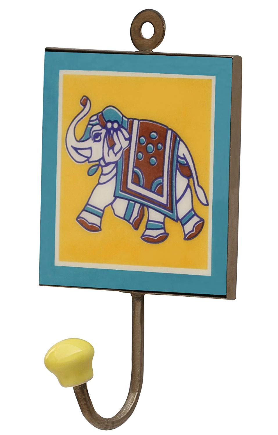 SouvNear 4" Ceramic Coat and Hat Hook Mothers Day Gifts - Elephant Design Wall-Mounted Yellow & Blue Single Hook in Ceramic and Mtal - Decorative Hooks For Hanging - Antique-Look Wall DÃ©cor