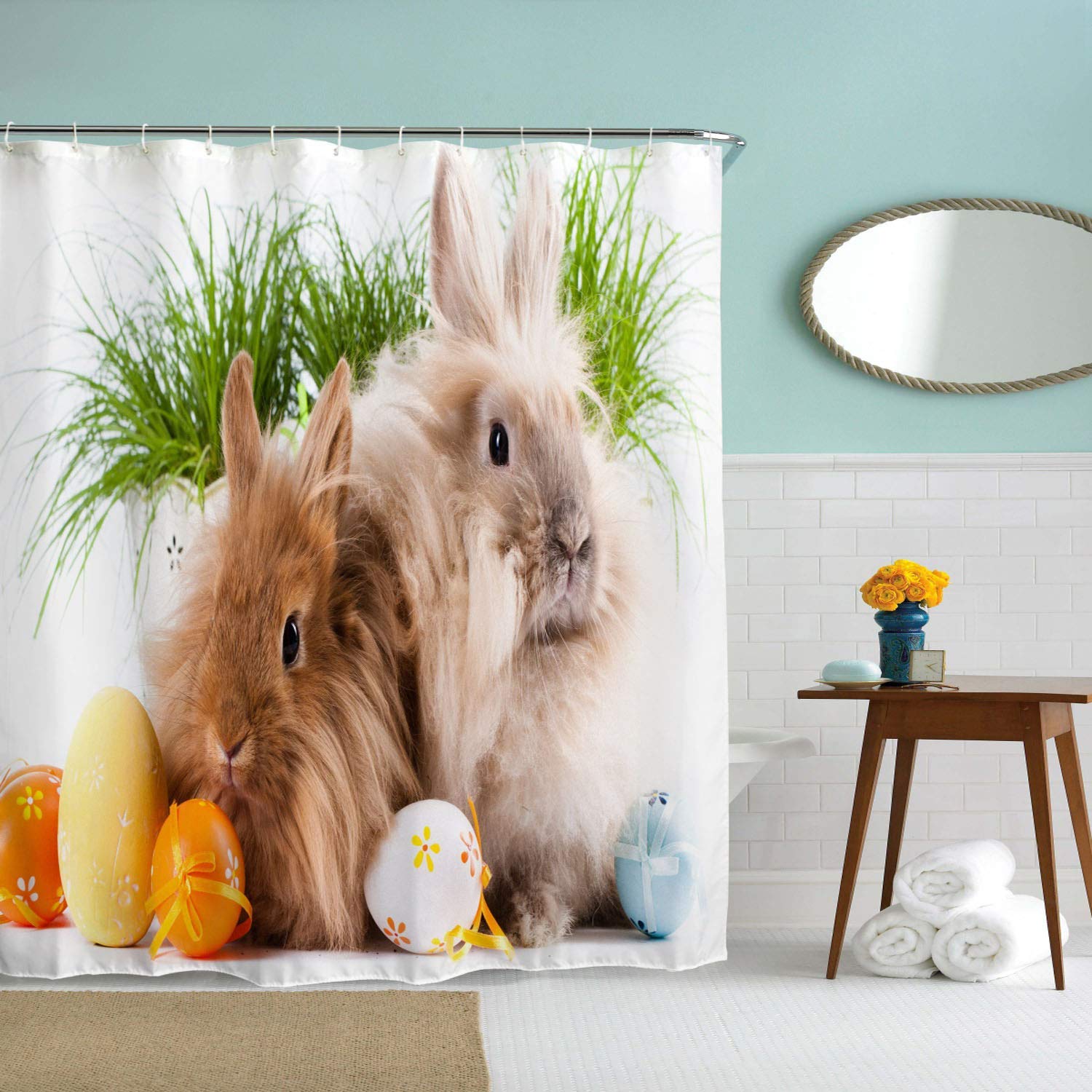 BROSHAN Funny Animal Decor Shower Curtain Fabric, Spring Festival Cute Rabbit Bunny Easter Eggs Bath Curtain, Easter Ployester Waterproof Fabric Bathroom Decor Set with Hooks,72x 72