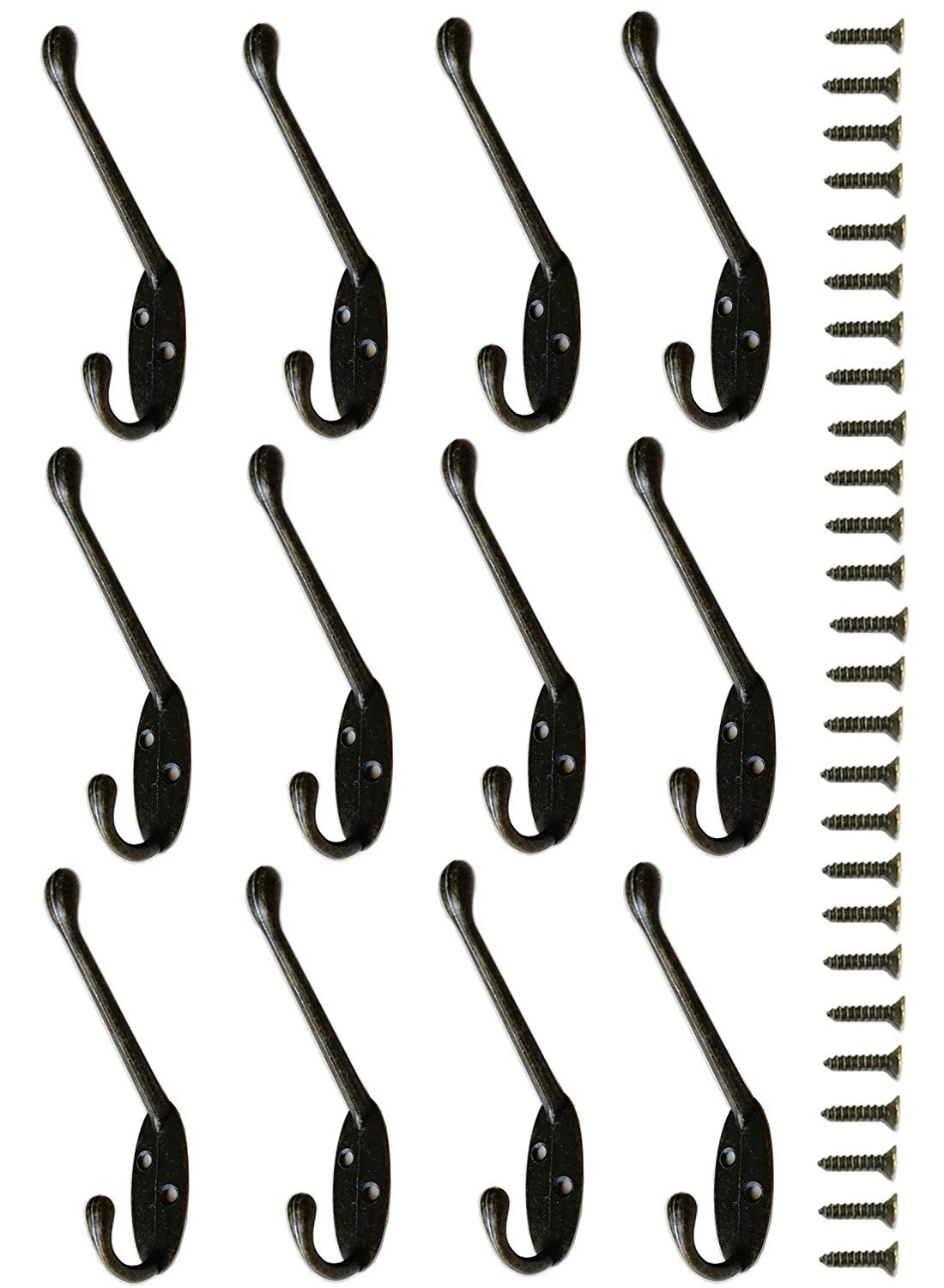 12 Pack Metal Decorative Dual Coat Hooks Wall Mounted Double Coat Hanger for Hat Hardware Dual Prong Retro Coat Hanger with 26 Screws (Bronze)