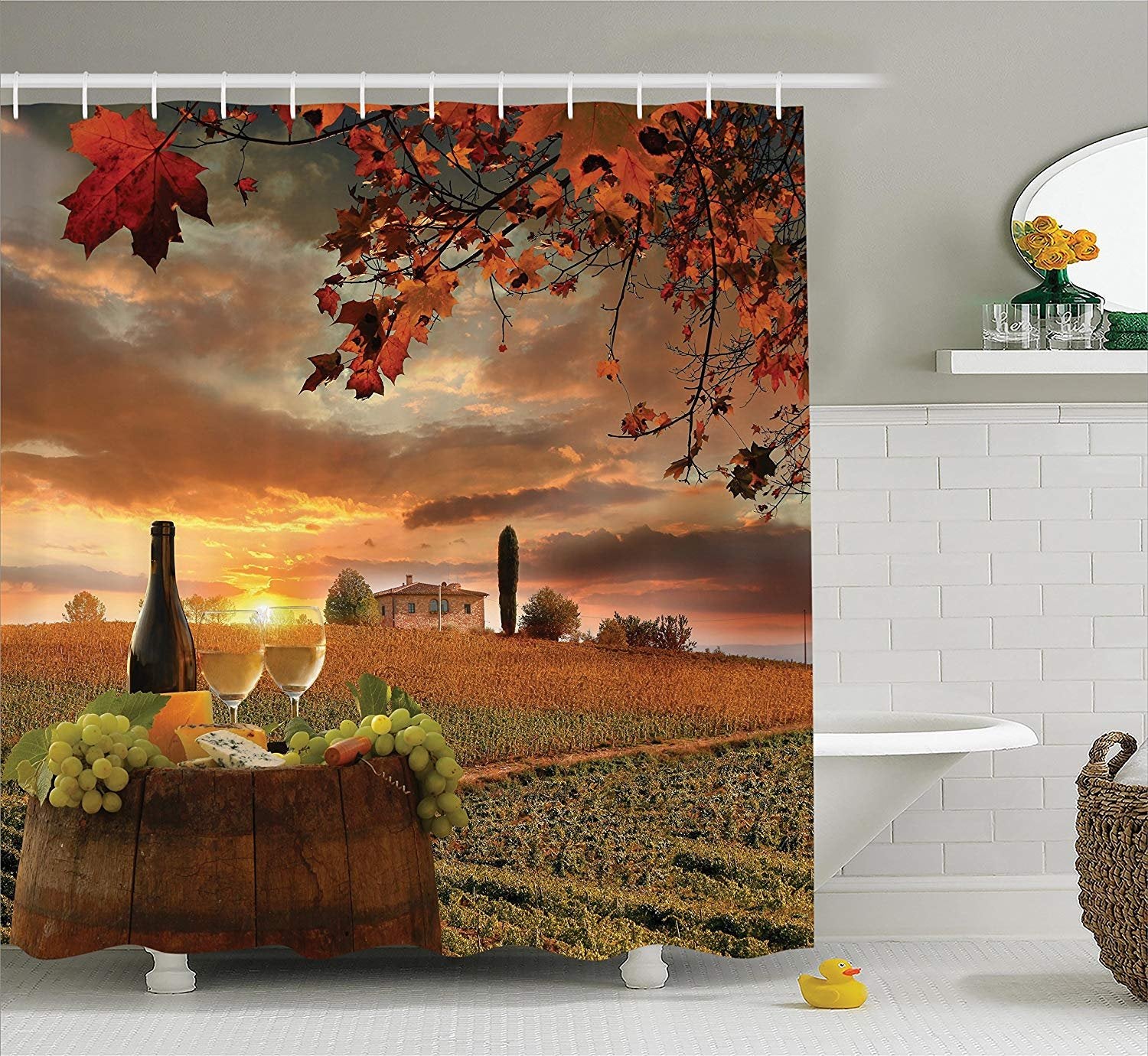 Ambesonne Winery Decor Collection, White Wine with Barrel on Vineyard at Sunset in Chianti Tuscany Italy Landscape Print, Polyester Fabric Bathroom Shower Curtain Set with Hooks, Orange Green