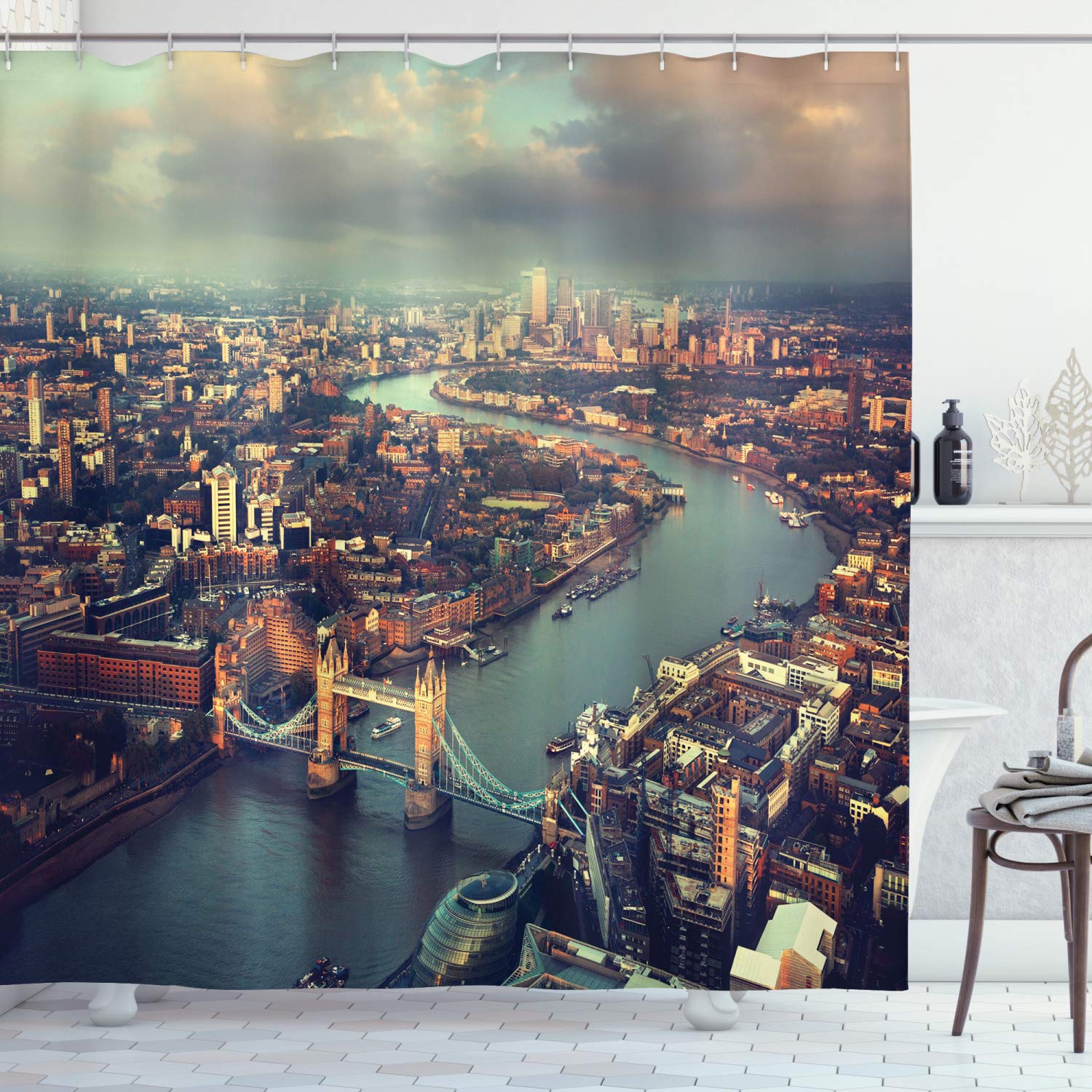 Ambesonne London Aerial View Decor Collection, Panoramic Picture of Thames River and Tower Bridge Picture Print, Polyester Fabric Bathroom Shower Curtain Set with Hooks, Blue Ivory Turquoise