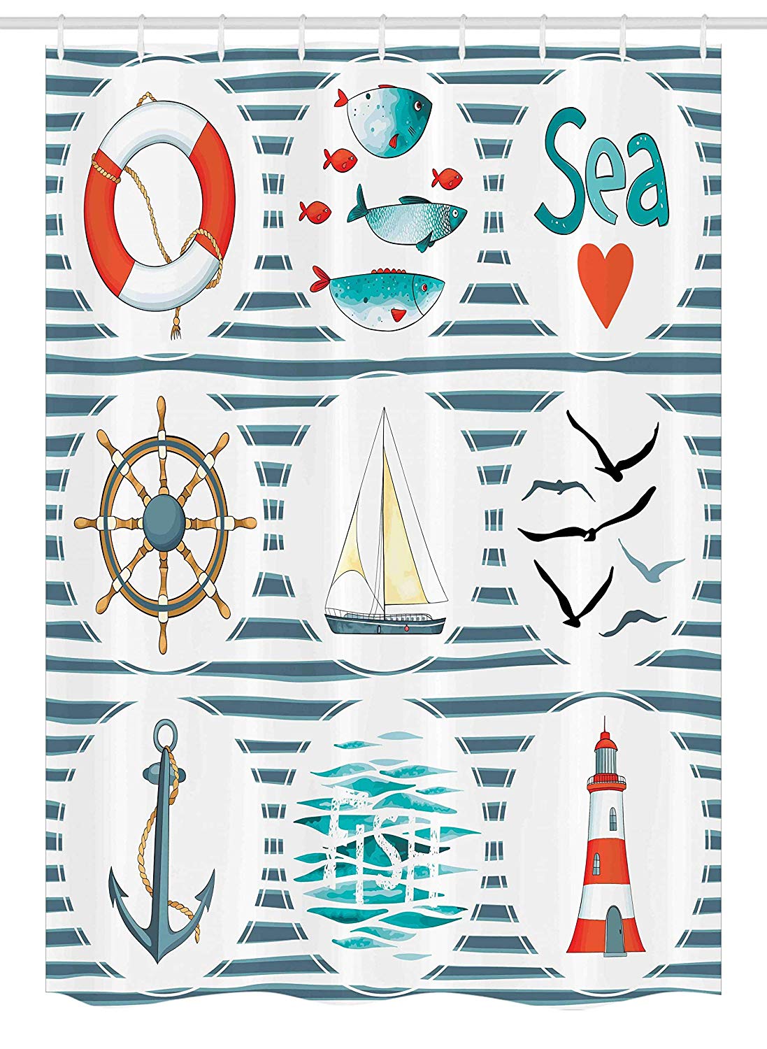 Ambesonne Nautical Stall Shower Curtain, Sea Set with Fishes Lifebuoy Gulls Lighthouse Marine Inspired Maritime Theme, Fabric Bathroom Decor Set with Hooks, 54 W x 78 L Inches, White Red Blue