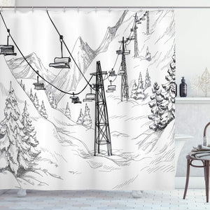Lunarable Winter Shower Curtain, Ski Lift with Fir Trees Monochrome Seasonal Holiday Destination Themed Sketch, Cloth Fabric Bathroom Decor Set with Hooks, 70" Long, White Grey