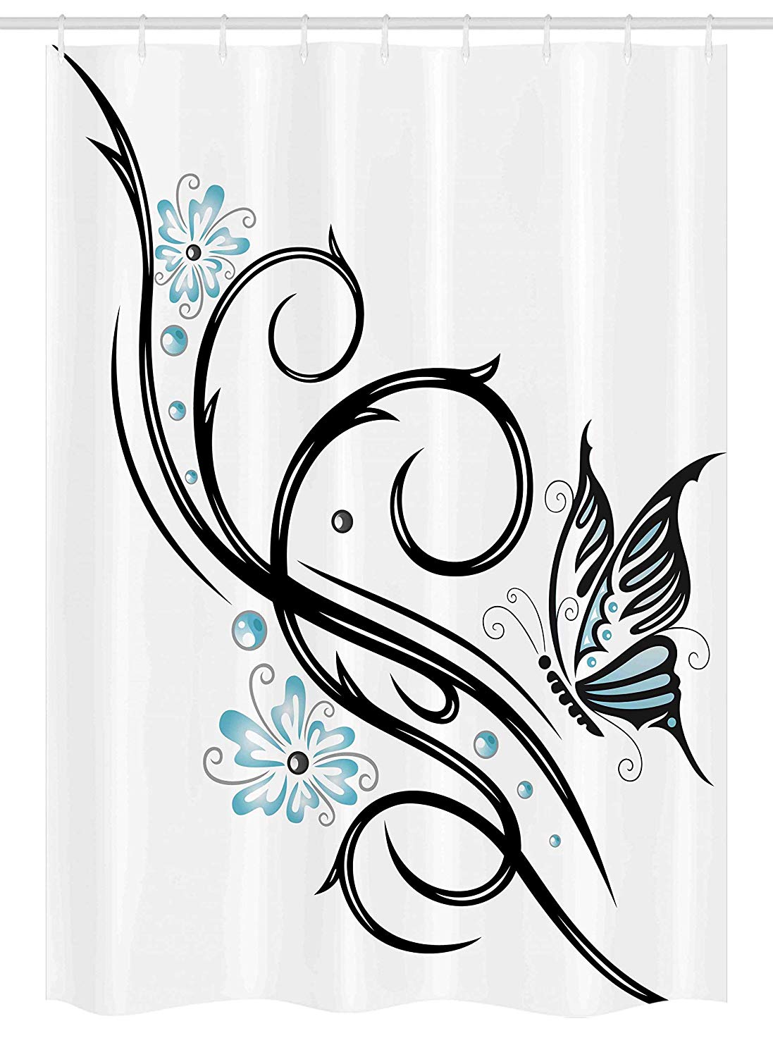 Ambesonne Tattoo Stall Shower Curtain, Leaf Like Design with Blue Flowers and a Flying Butterfly Image Print, Fabric Bathroom Decor Set with Hooks, 54" X 78", Blue Black