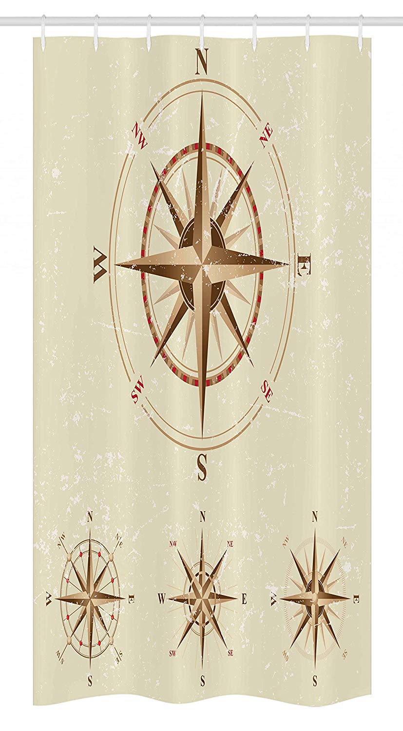 Ambesonne Compass Stall Shower Curtain, 4 Different Compasses in Retro Colors Discovery Equipment Where Nautical Marine, Fabric Bathroom Decor Set with Hooks, 36" X 72", Beige Tan