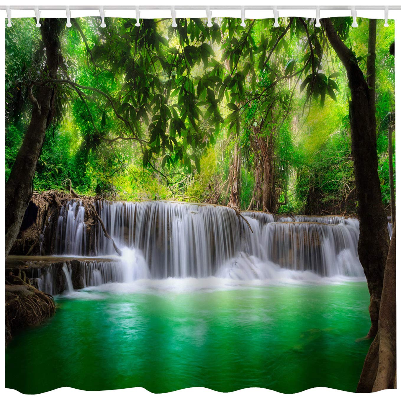 BROSHAN Green Lake Shower Curtain Set, Summer Waterfall in Forest Woodland Nature Jungle Scenery Art Printing,Waterproof Fabric Bathroom Decor Curtain with Hooks,Green Brown White, 72x 72 inch