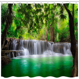 BROSHAN Green Lake Shower Curtain Set, Summer Waterfall in Forest Woodland Nature Jungle Scenery Art Printing,Waterproof Fabric Bathroom Decor Curtain with Hooks,Green Brown White, 72x 72 inch