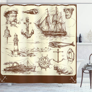 Ambesonne Marine Navy Captains Decor Collection, Ocean Retro Drawing Effect Framed Design, Polyester Fabric Bathroom Shower Curtain Set with Hooks, Brown Cream