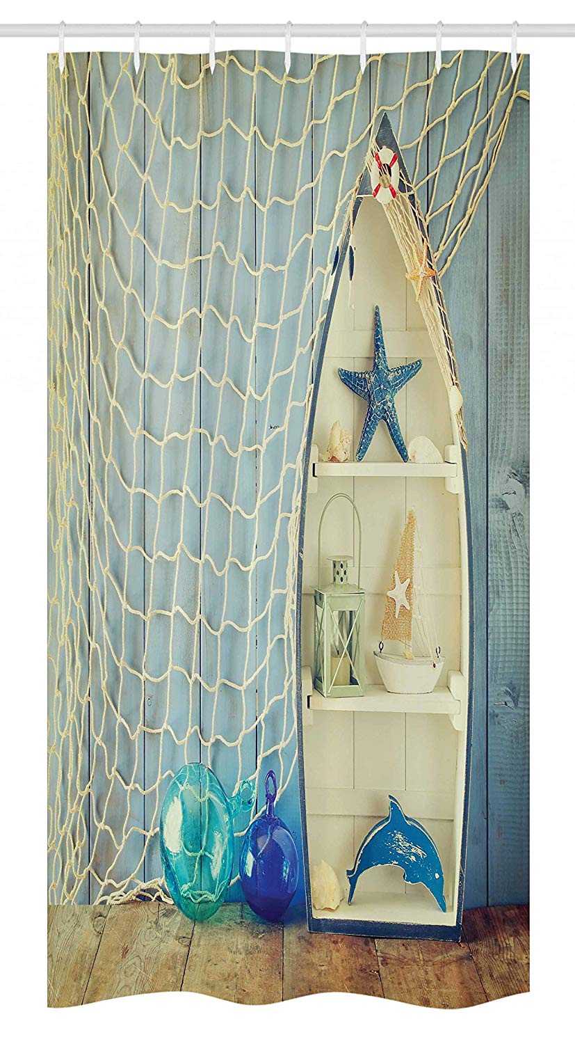 Ambesonne Nautical Stall Shower Curtain, Nautical Boat Standing Against The Wall Other Aquatic Objects Sea Featured Picture, Fabric Bathroom Decor Set with Hooks, 36" X 72", Blue Beige