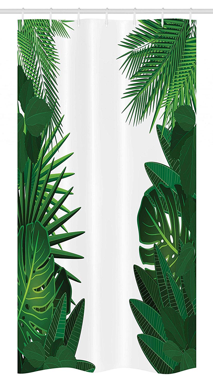 Ambesonne Leaf Stall Shower Curtain, Exotic Fantasy Hawaiian Tropical Palm Leaves with Floral Graphic Artwork Print, Fabric Bathroom Decor Set with Hooks, 36" X 72", Green White