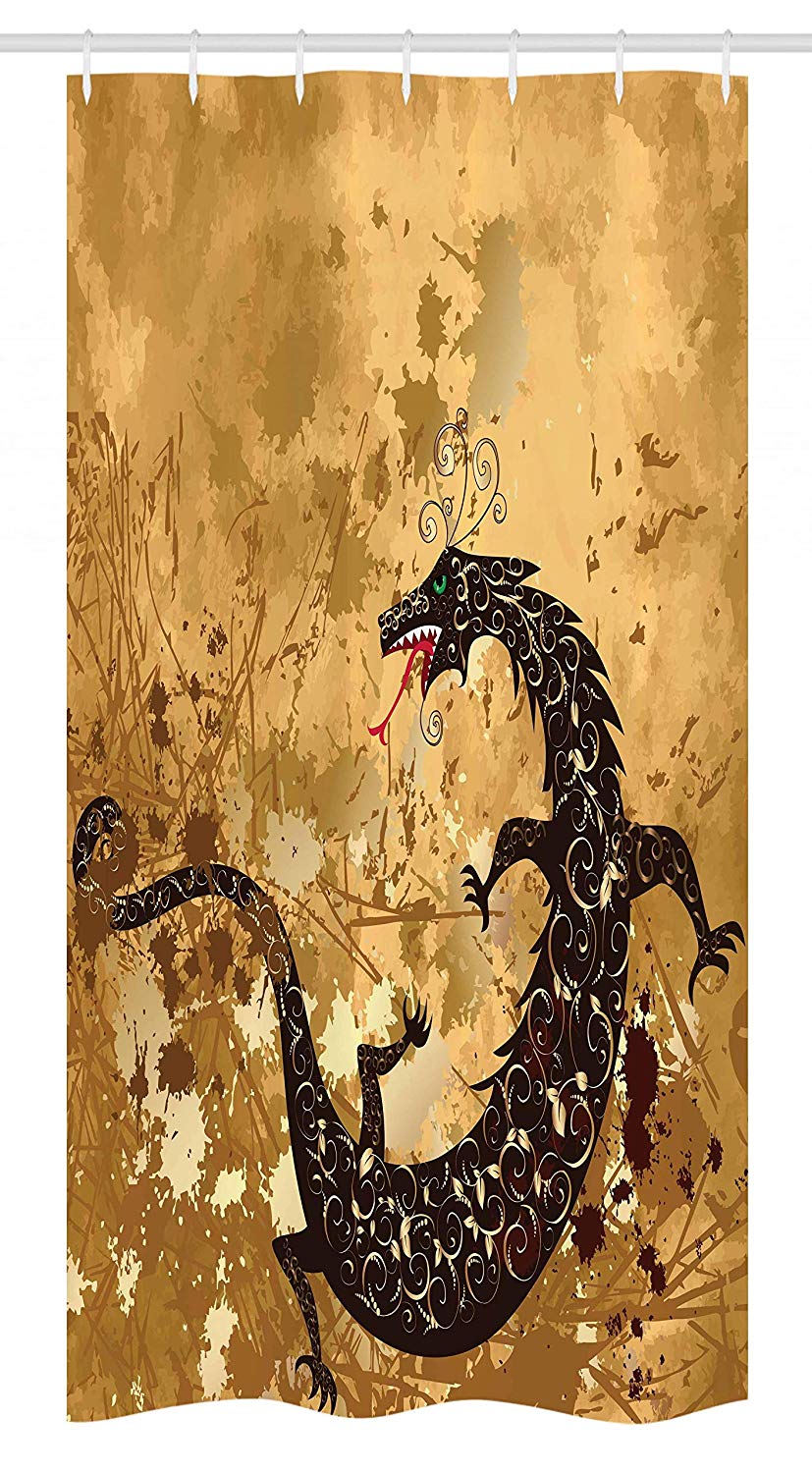 Ambesonne Dragon Stall Shower Curtain, Reptile Dragon Grunge Floral Ornate Ancient Asian Retro Image, Fabric Bathroom Decor Set with Hooks, 36 W x 72 L Inches, Sand Brown Light Caramel Brown