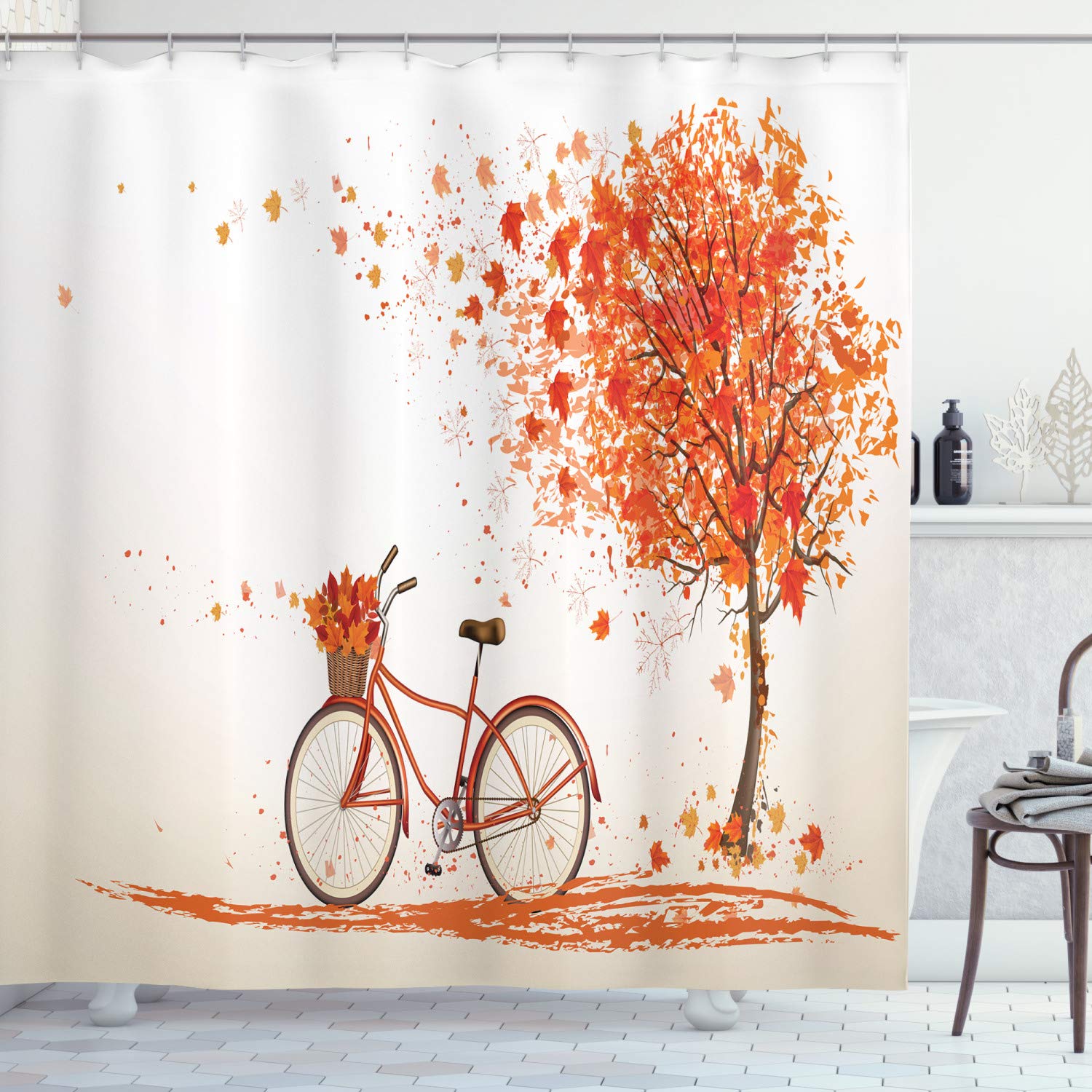 Ambesonne Bicycle Decor Collection, Autumn Tree with Aged Old Bike and Fall Tree November Day Fall Season Park Nature Home Decor, Polyester Fabric Bathroom Shower Curtain Set with Hooks, Orange