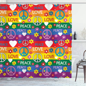 Ambesonne Groovy Shower Curtain, Heart Peace Flower Power Political Hippie Cheerful Colors Festival Joyful, Cloth Fabric Bathroom Decor Set with Hooks, 75" Long, Rainbow Colors
