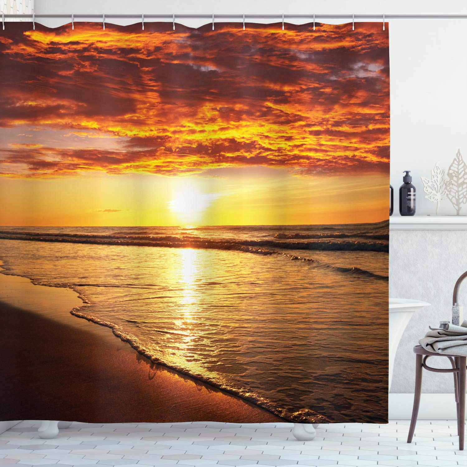 Ambesonne Hawaiian Decor Collection, Scenery Picture Print of Beach and Sunset Ocean Waves Print, Polyester Fabric Bathroom Shower Curtain Set with Hooks, Gold Orange Dark Ecru