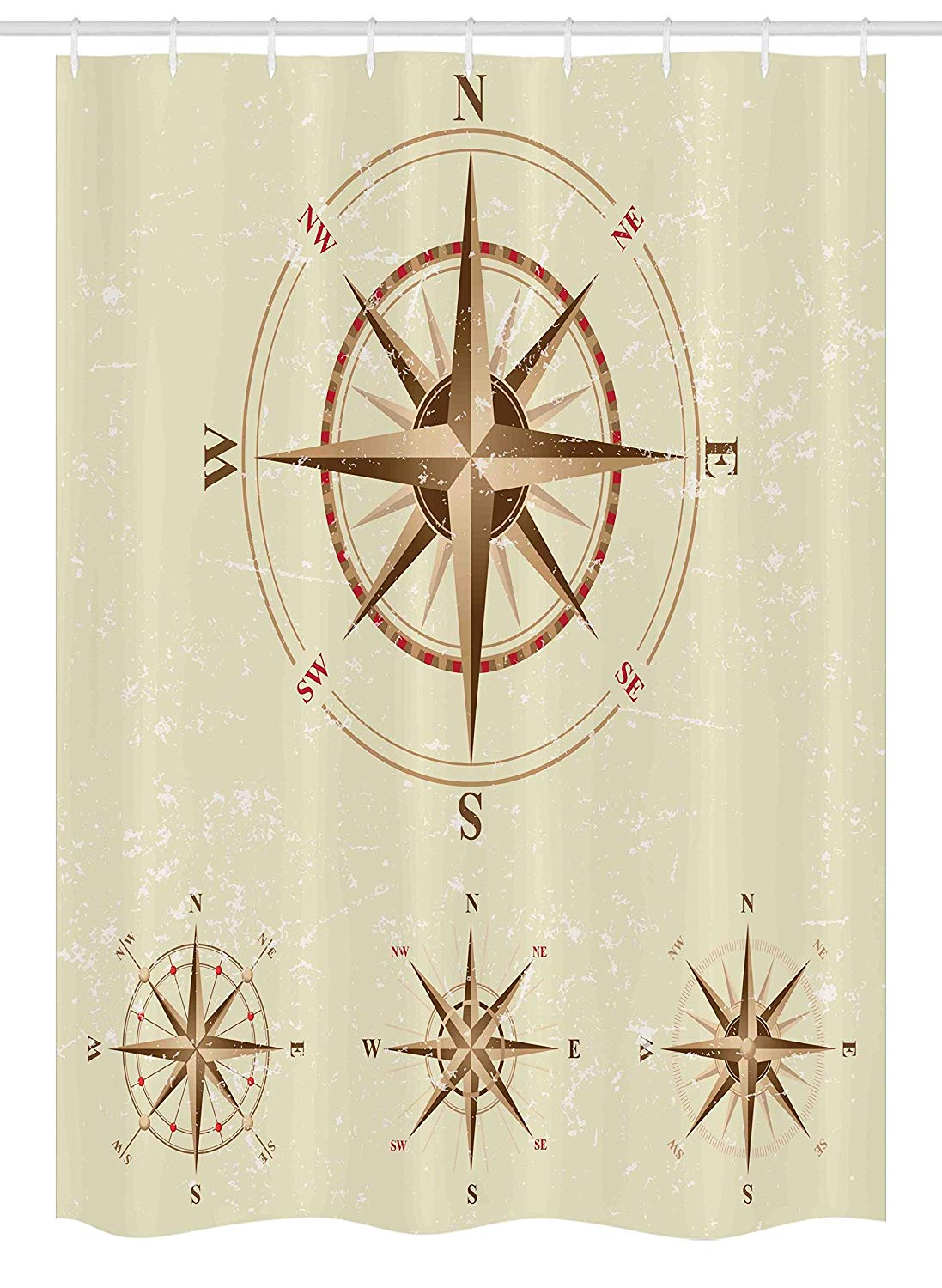 Ambesonne Compass Stall Shower Curtain, Four Different Compasses in Retro Colors Discovery Equipment Where Nautical Marine, Fabric Bathroom Decor Set with Hooks, 54 W x 78 L Inches, Beige Tan