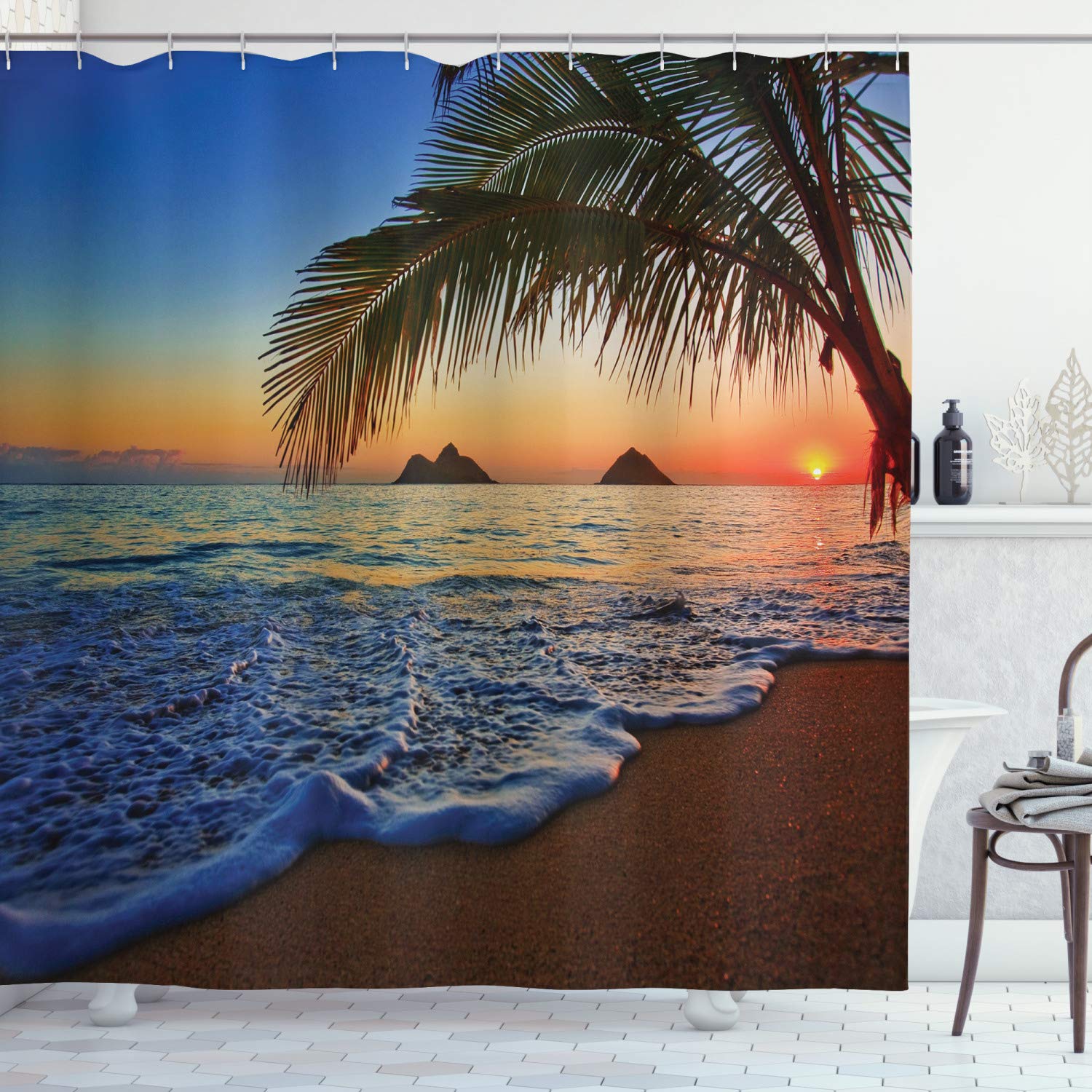 Ambesonne Hawaiian Shower Curtain, Pacific Sunrise at Lanikai Beach Hawaii Colorful Sky Wavy Ocean Surface Scene, Cloth Fabric Bathroom Decor Set with Hooks, 84" Extra Long, Blue Ivory