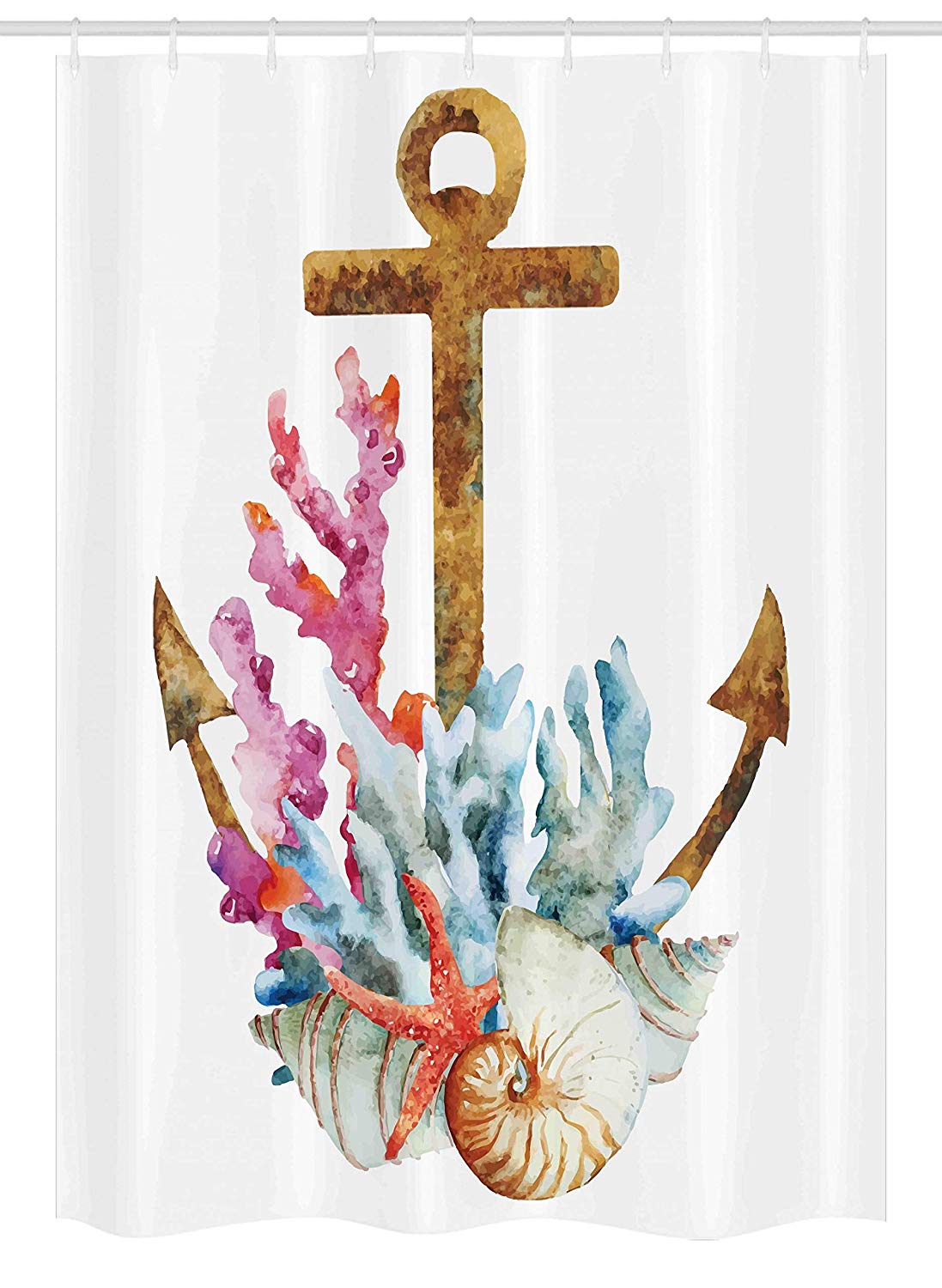 Ambesonne Anchor Stall Shower Curtain, Anchor with Corals Seaweed Nature Deep Sea Underwater Life Diving Enjoyment, Fabric Bathroom Decor Set with Hooks, 54" X 78", Caramel Multicolor