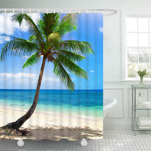Martine Mall Beach Shower Curtains, Hawaii Ocean Shower Curtains, Exotic Hawaii Beach Water and Coconut Palm Tree by The Shore Bath Curtain Shower Set with 12 Free Hooks for Bathroom