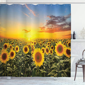 Ambesonne Country Farm Garden Decorations Collection, Sunset over Colorful Sunflower Plants Field at Cloudy Evening, Polyester Fabric Bathroom Shower Curtain Set with Hooks, Blue Brown Yellow Green