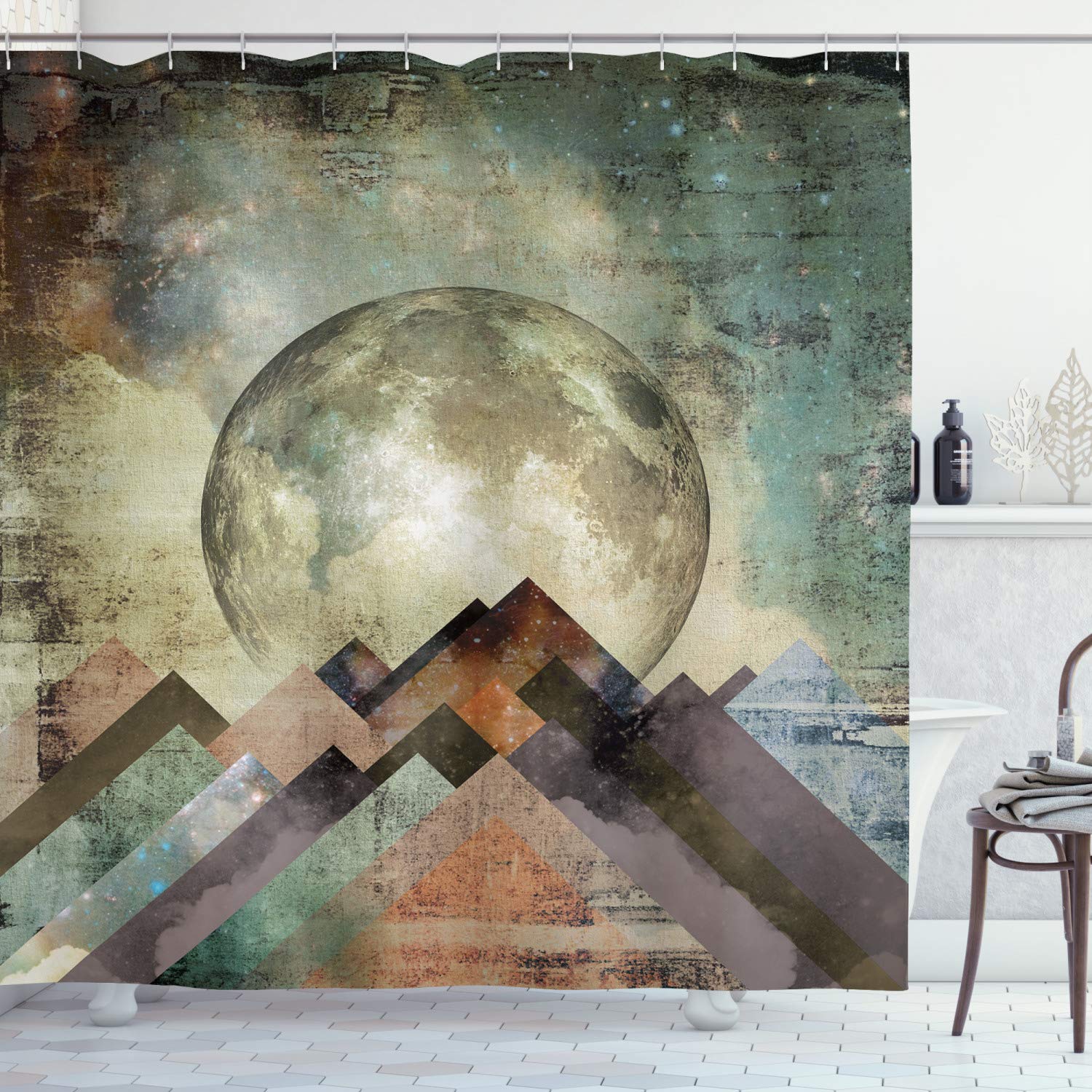 Ambesonne Vintage Rustic Geometric Decorations Collection, Grunge Pastel Moonshine Moon Print Retro Paintings, Polyester Fabric Bathroom Shower Curtain Set with Hooks, Teal Beige Brown