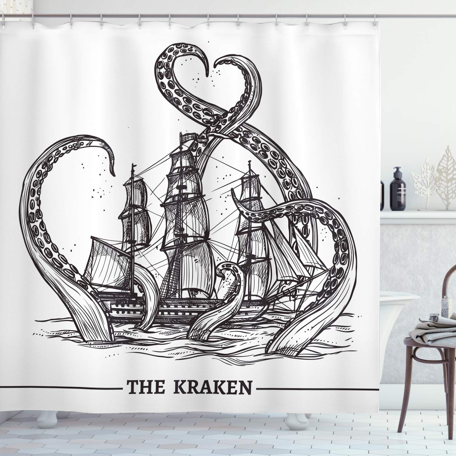 Ambesonne Nautical Decor Collection, Giant Octopus Catches Old Style Sail Ship Monster Adventure Story Themed Image, Polyester Fabric Bathroom Shower Curtain Set with Hooks, Black And White