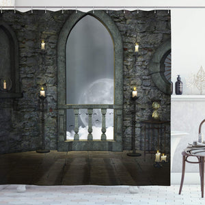 Ambesonne Gothic Decor Collection, Full Moon Birds Fairytale Fantasy Old Castle Balcony Candle and Night View, Polyester Fabric Bathroom Shower Curtain Set with Hooks, Grey Ivory Cream
