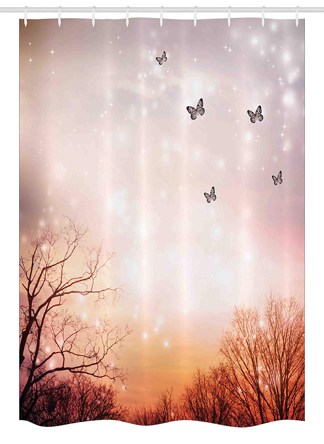 Ambesonne Butterfly Stall Shower Curtain, Dreamy Butterflies Over Trees Romantic Fantasy Blurry Sky Artistic Design, Fabric Bathroom Decor Set with Hooks, 54 W x 78 L Inches, Orange Baby Pink