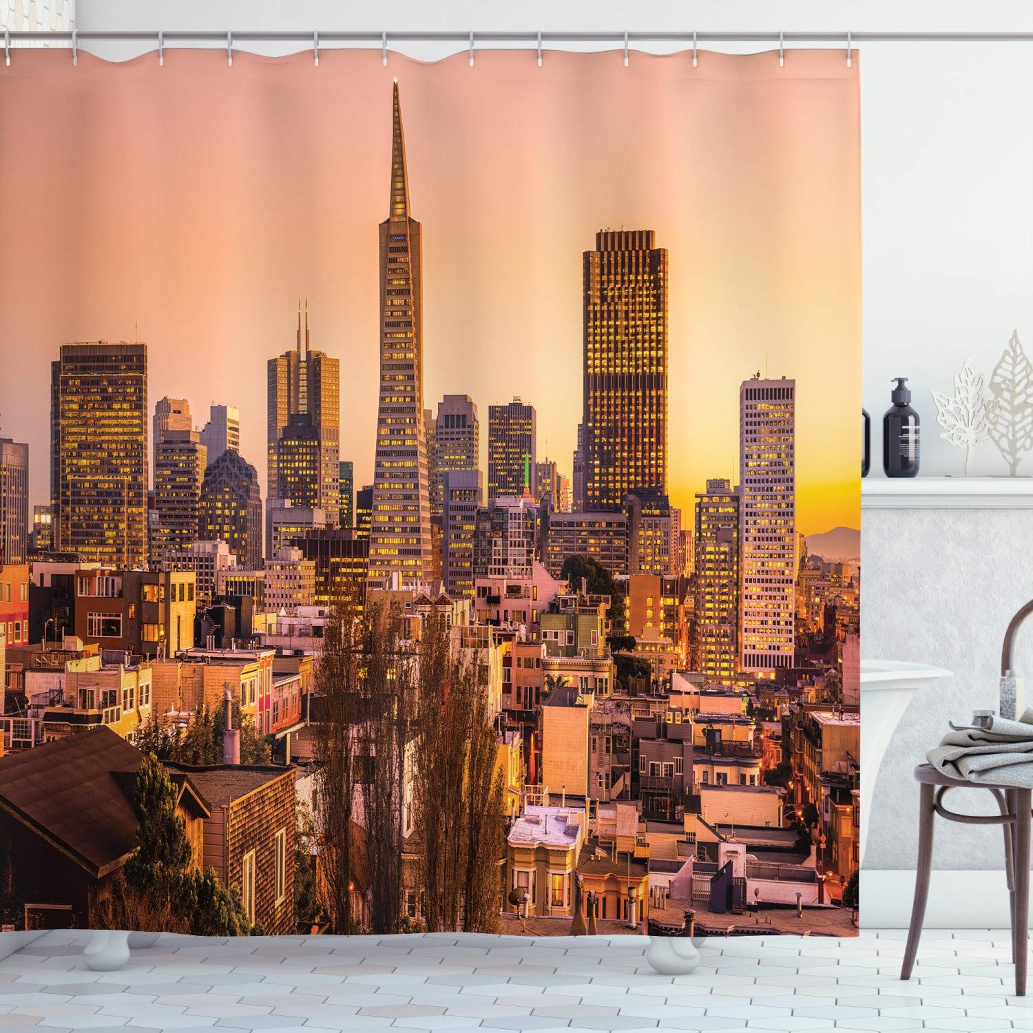 Ambesonne Apartment Decor Collection, San Francisco Skyline at Sunset California USA Downtown Panorama Picture, Polyester Fabric Bathroom Shower Curtain Set with Hooks, Peach Mustard Ivory Gray