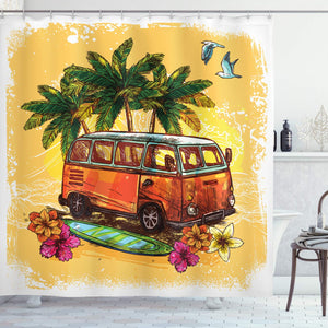 Ambesonne Surf Shower Curtain, Hippie Classic Old Bus with Surfboard Freedom Holiday Exotic Life Sketchy Art, Cloth Fabric Bathroom Decor Set with Hooks, 84" Extra Long, Yellow Orange
