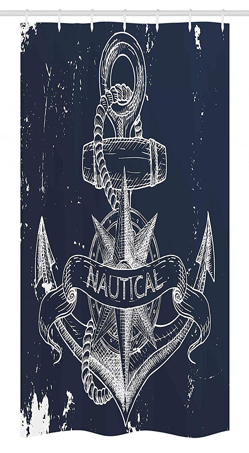 Ambesonne Marine Stall Shower Curtain, Nautical Knot Compass Anchor Pattern Sea World Ocean Life Grunge Illustration, Fabric Bathroom Decor Set with Hooks, 36" X 72", Blue White