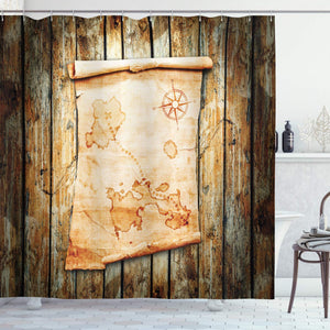 Ambesonne Island Map Shower Curtain, Treasure Map on Rustic Timber X Marks The Spot of Gold Nautical Pirates Concept, Fabric Bathroom Decor Set with Hooks, 84 Inches Extra Long, Cream Brown