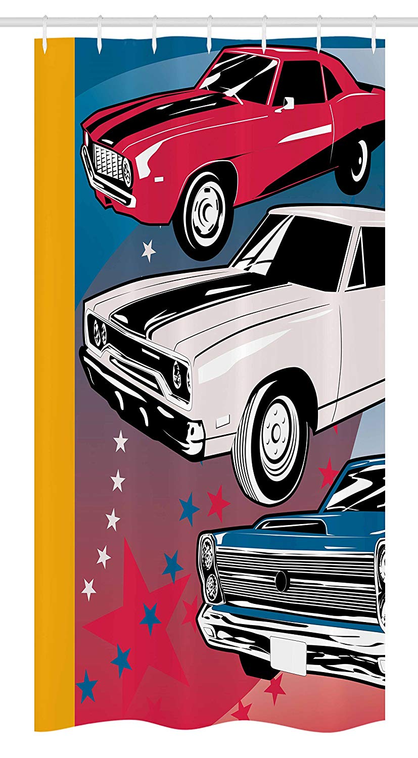 Ambesonne Cars Stall Shower Curtain, Pop Art Stylized Group of Nostalgic American Muscle Cars with Stars Antique Print, Fabric Bathroom Decor Set with Hooks, 36 W x 72 L inches, Red Beige Blue